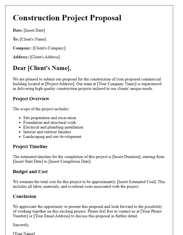 Letter template of construction project proposal for commercial building