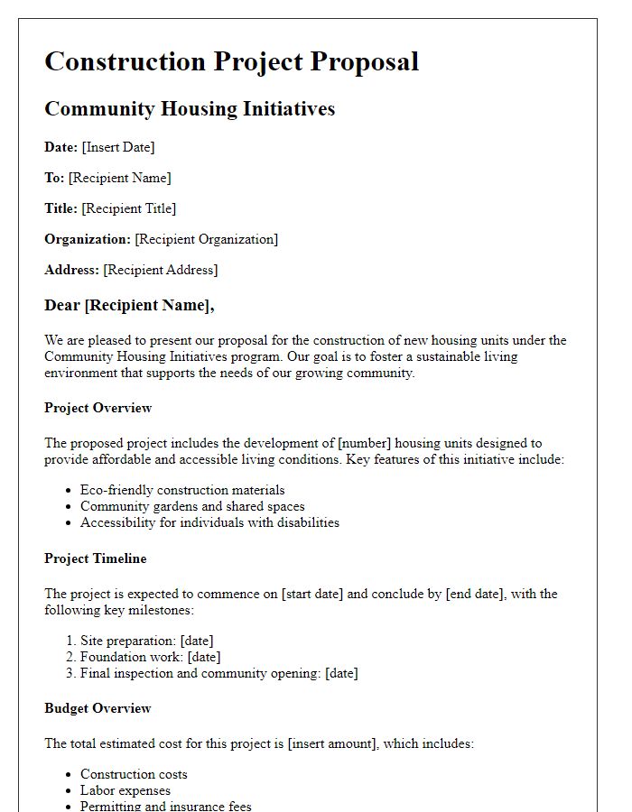 Letter template of construction project proposal for community housing initiatives