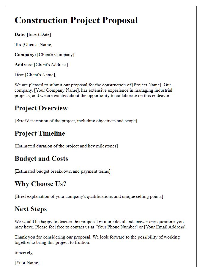 Letter template of construction project proposal for industrial projects