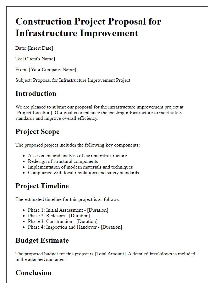 Letter template of construction project proposal for infrastructure improvement