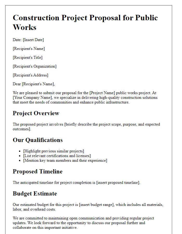 Letter template of construction project proposal for public works projects