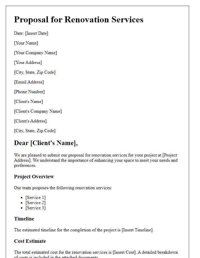 Letter template of construction project proposal for renovation services