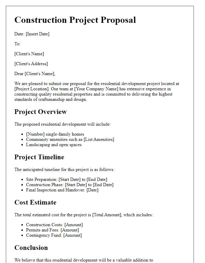 Letter template of construction project proposal for residential development