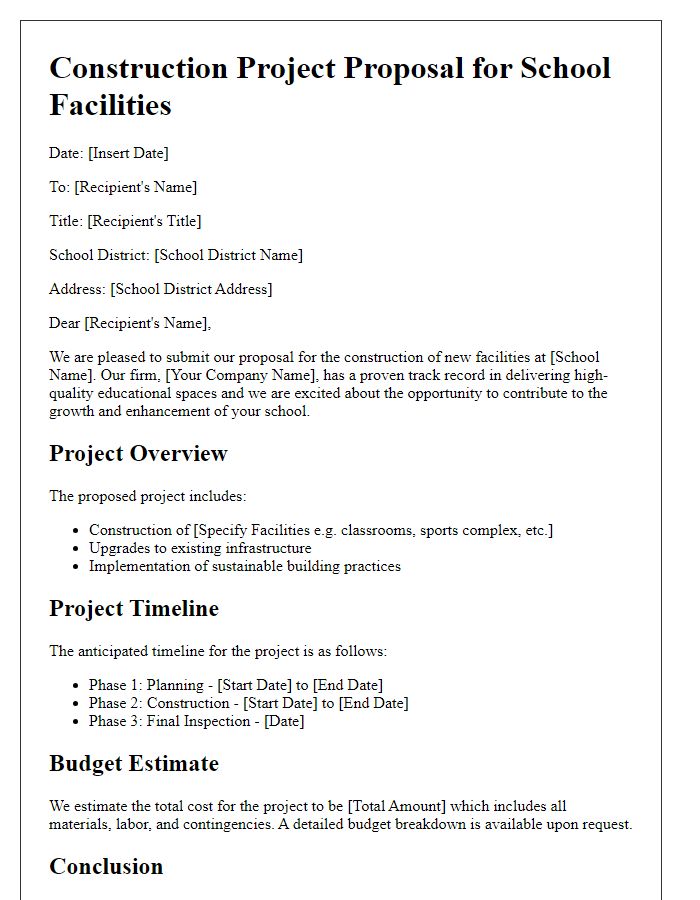 Letter template of construction project proposal for school facilities