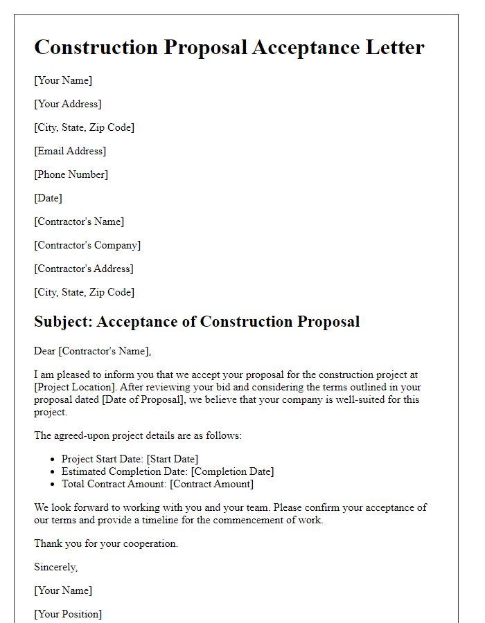 Letter template of construction proposal acceptance