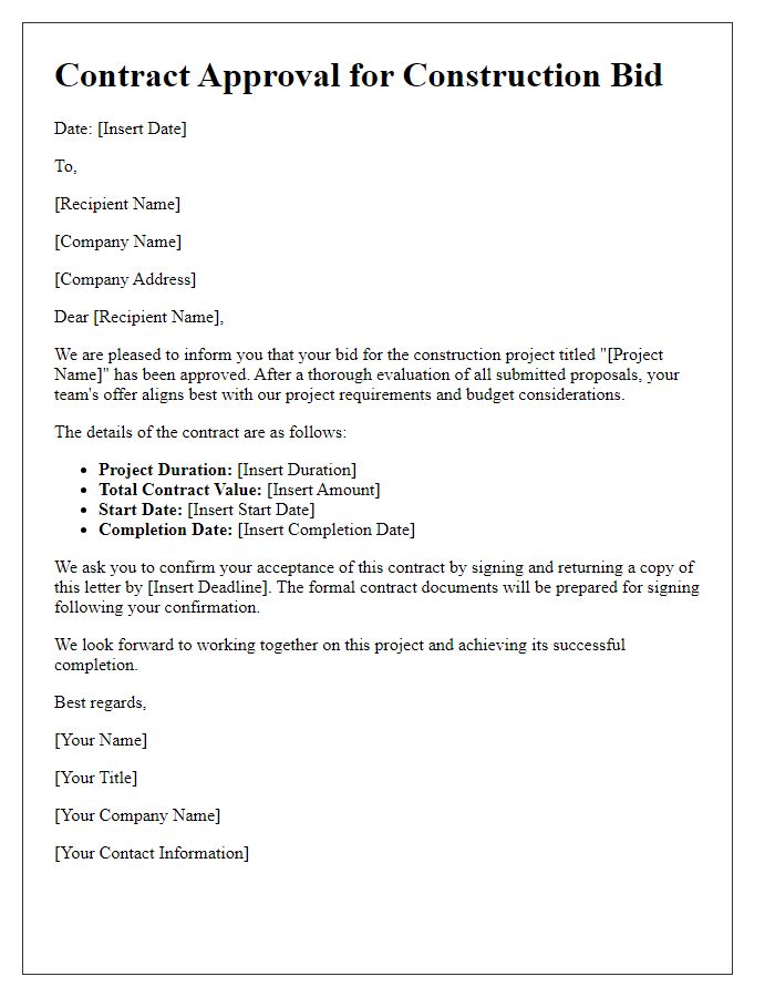 Letter template of contract approval for construction bid