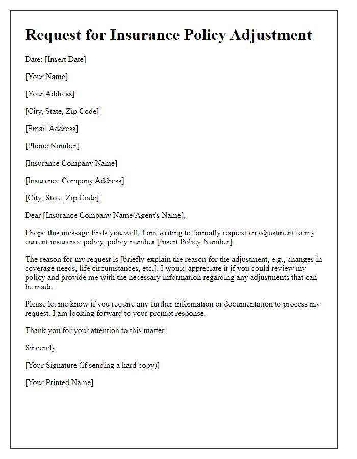 Letter template of insurance policy adjustment request