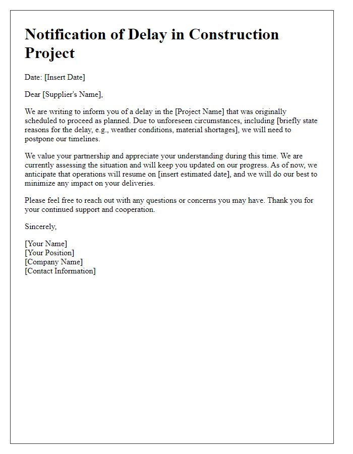 Letter template of construction project delay announcement to suppliers.