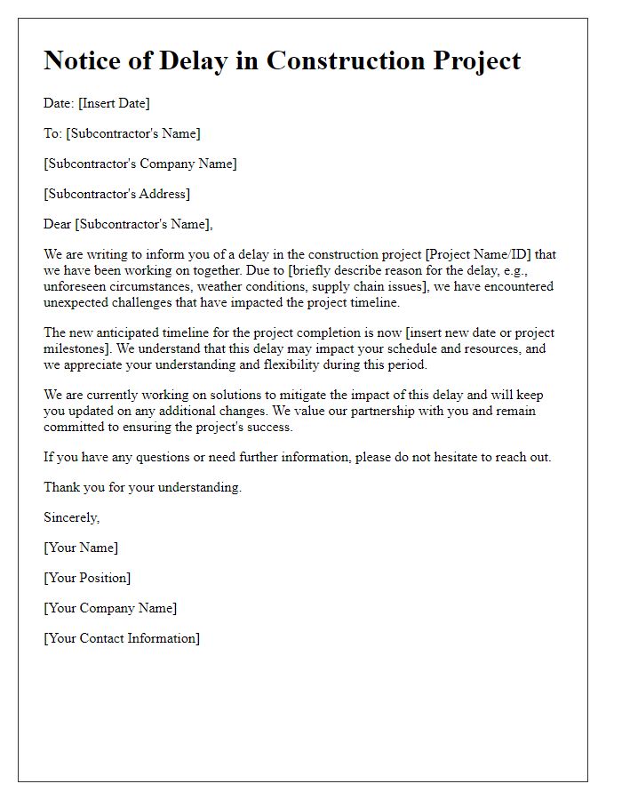 Letter template of construction project delay communication to subcontractors.