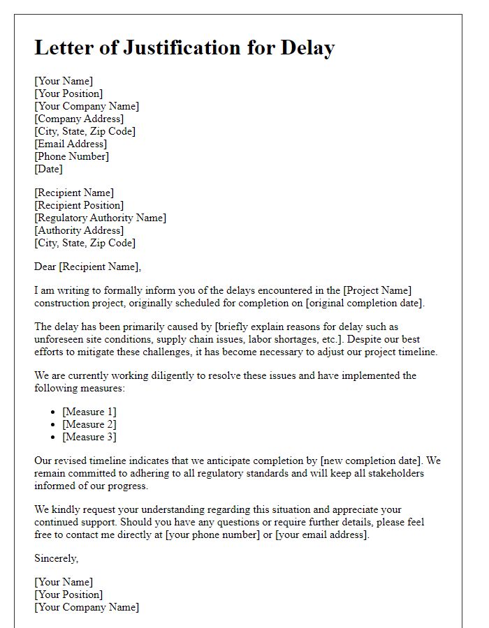 Letter template of construction project delay justification for regulatory authorities.