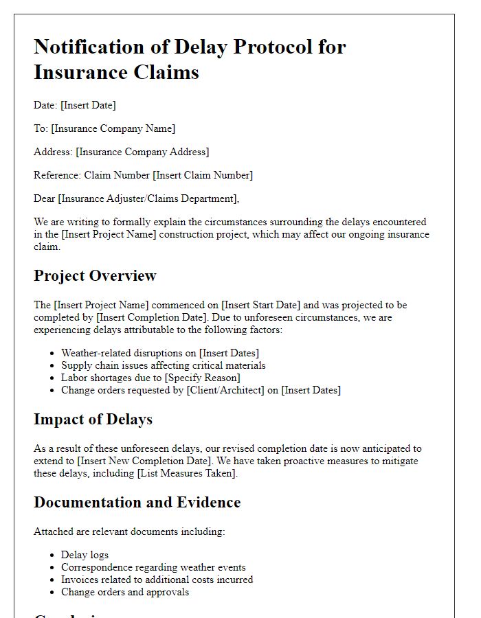 Letter template of construction project delay protocol explanation for insurance claims.