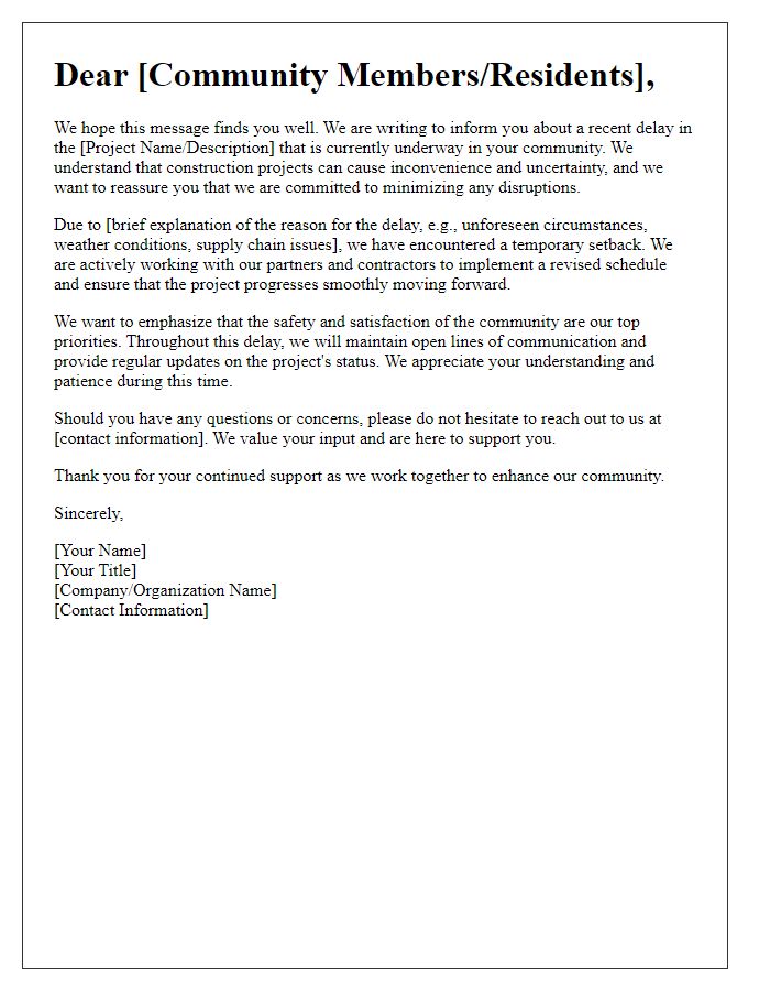 Letter template of construction project delay reassurance for community engagement.