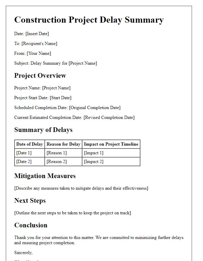 Letter template of construction project delay summary for project reviews.