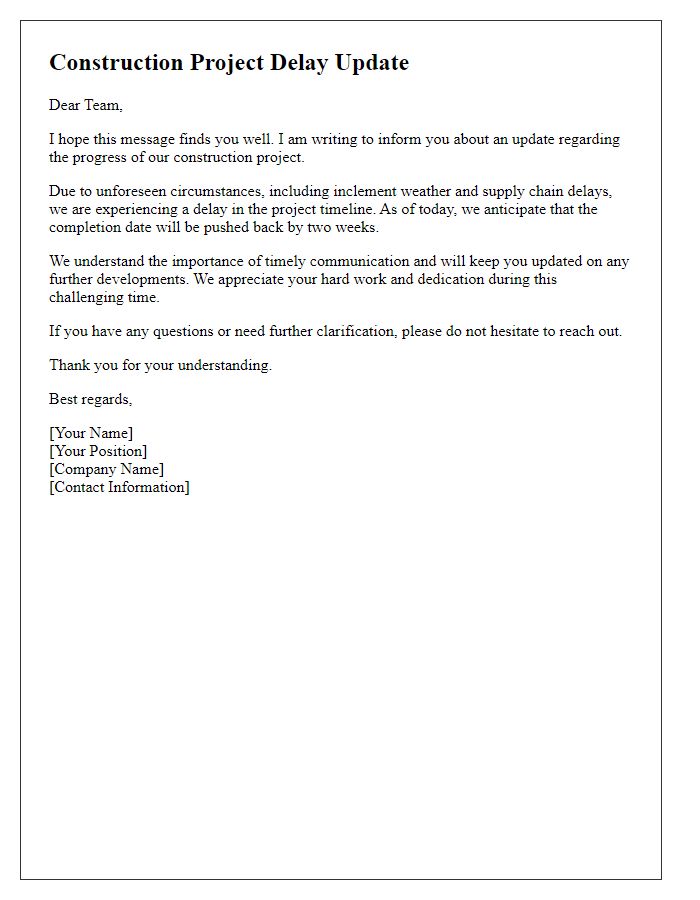 Letter template of construction project delay update for team members.