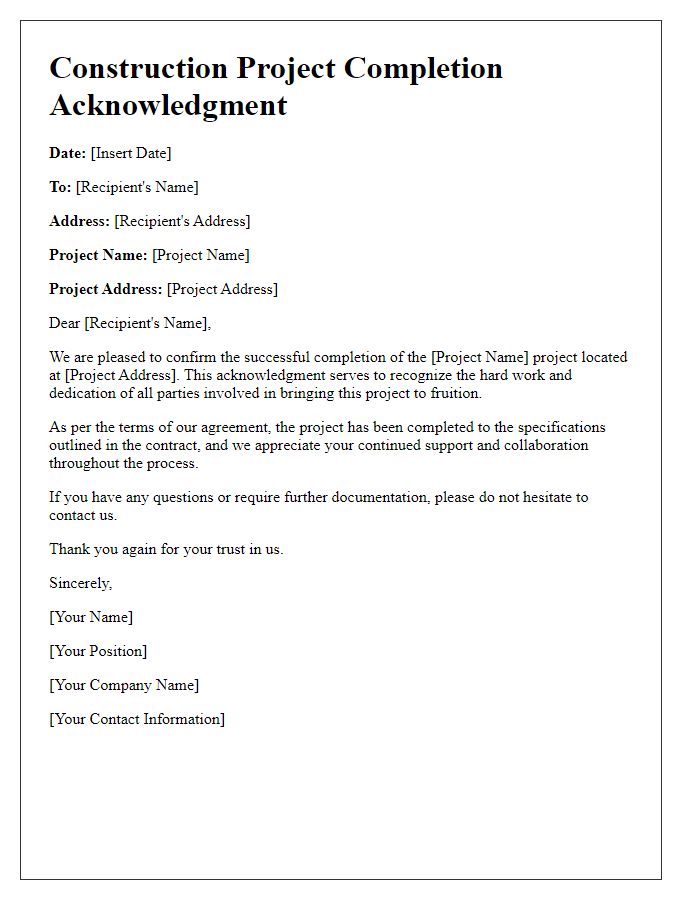 Letter template of Construction Project Completion Acknowledgment