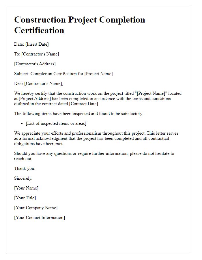 Letter template of Construction Project Completion Certification