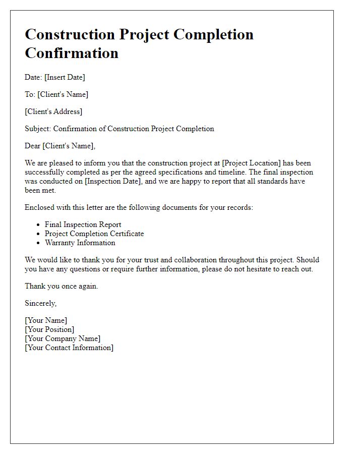 Letter template of Construction Project Completion Confirmation