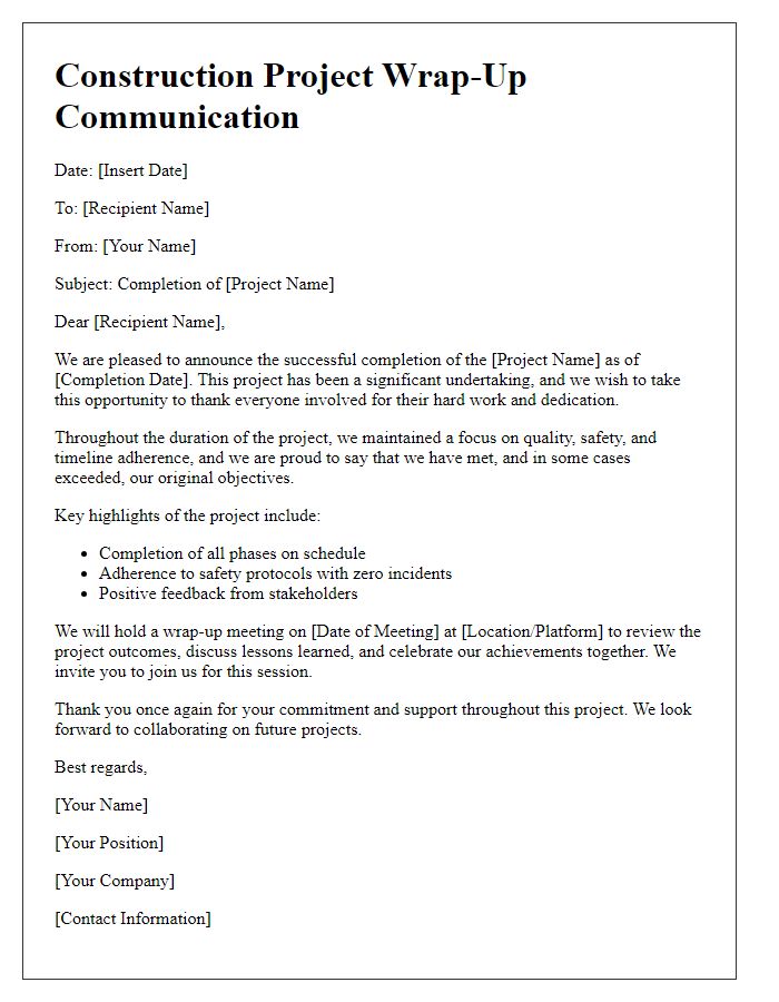 Letter template of Construction Project Wrap-Up Communication