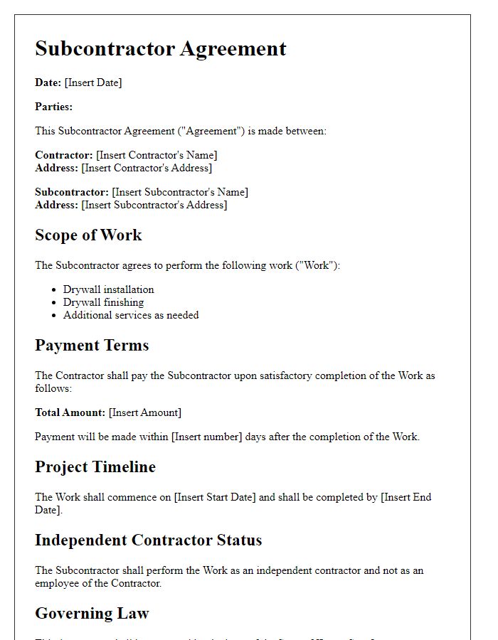 Letter template of subcontractor agreement for drywall and finishing services.