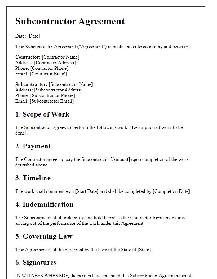 Letter template of subcontractor agreement for electrical contracting work.