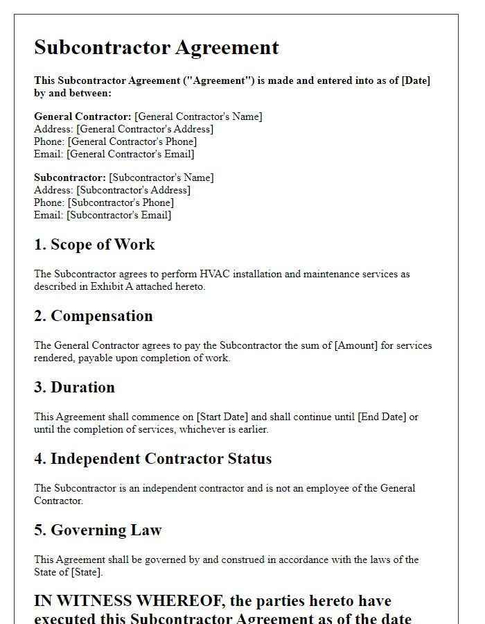 Letter template of subcontractor agreement for HVAC installation and maintenance.