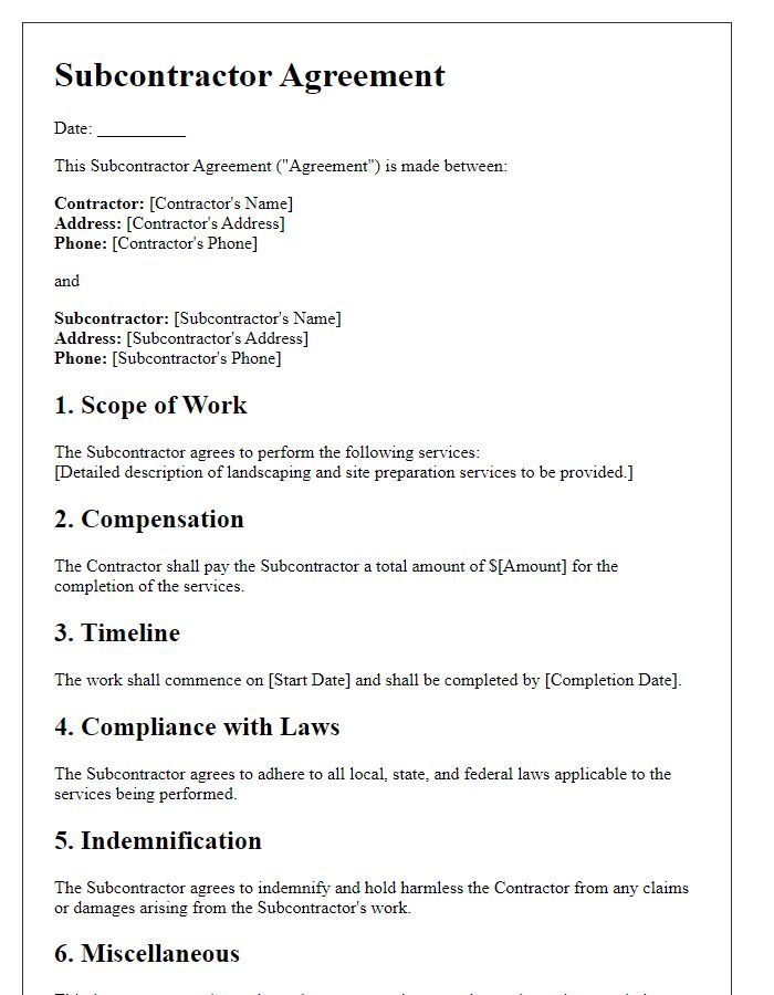 Letter template of subcontractor agreement for landscaping and site preparation.