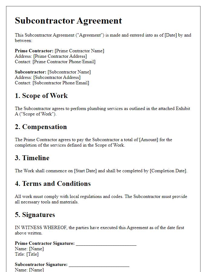 Letter template of subcontractor agreement for plumbing services in construction.