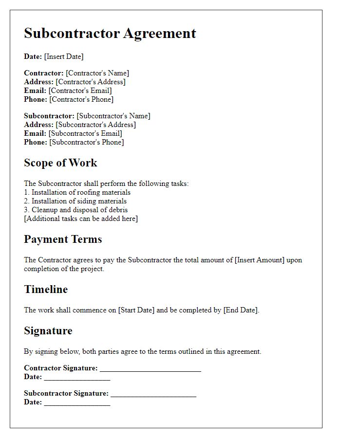 Letter template of subcontractor agreement for roofing and siding projects.