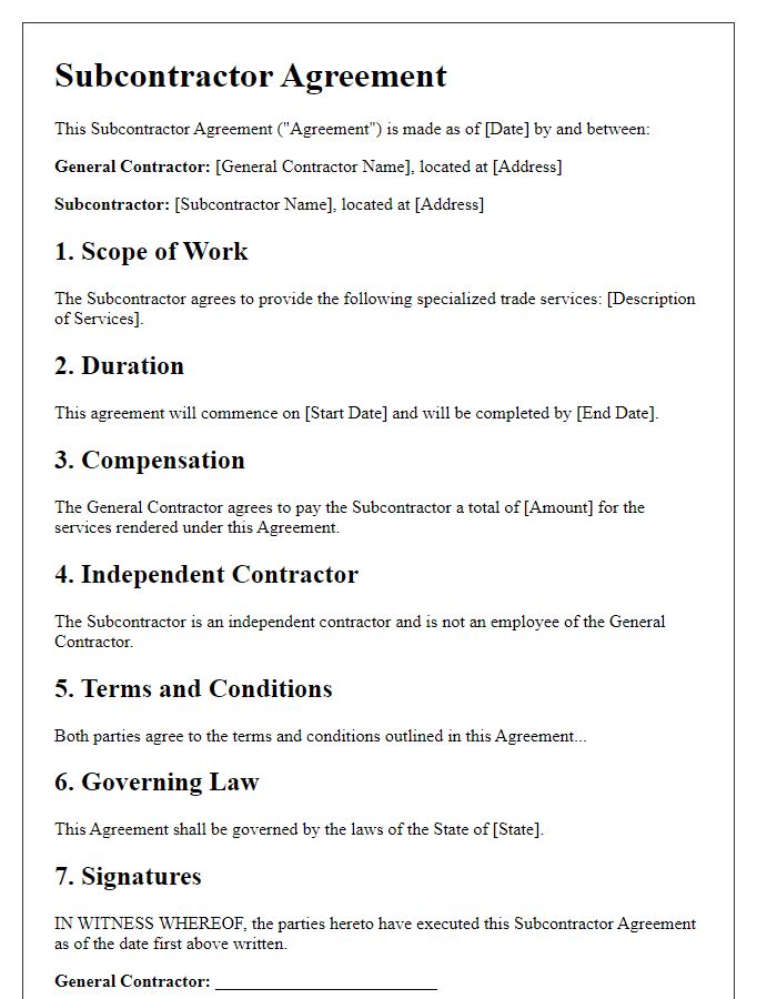 Letter template of subcontractor agreement for specialized trade services in construction.