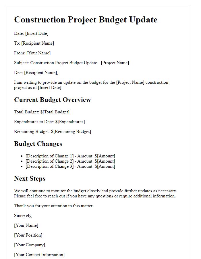 Letter template of construction project budget update