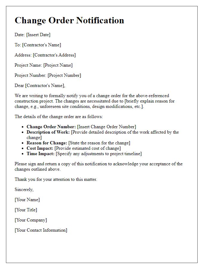 Letter template of construction project change order notification