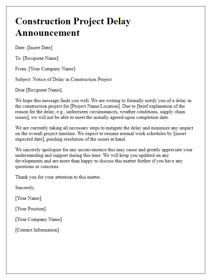 Letter template of construction project delay announcement