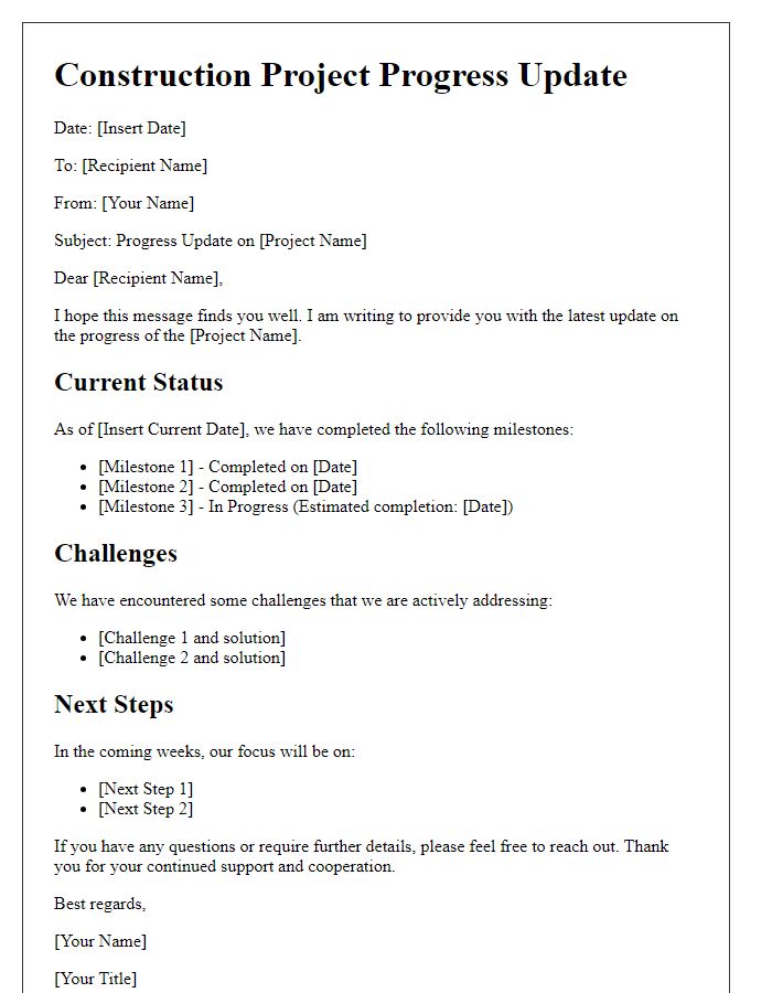 Letter template of construction project progress update