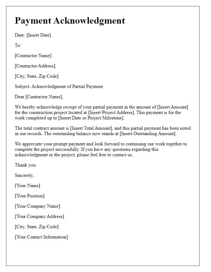 Letter template of construction project payment acknowledgment for partial payment.