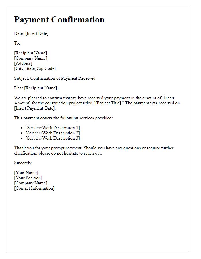 Letter template of construction project payment confirmation for received funds.