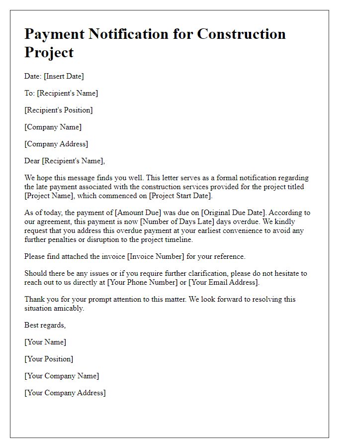 Letter template of construction project payment notification for late payment.