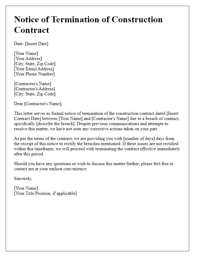 Letter template of construction contract termination notice due to breach of contract