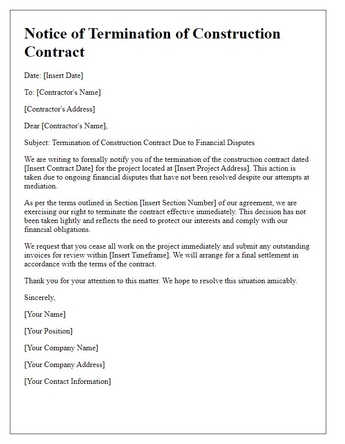 Letter template of construction contract termination notice for financial disputes