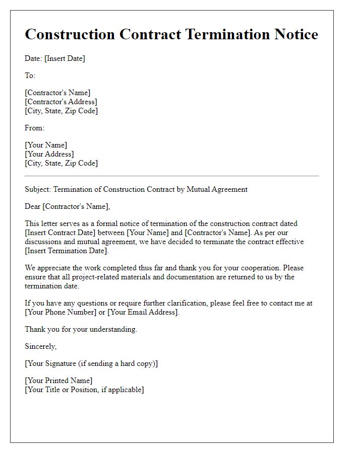 Letter template of construction contract termination notice for mutual agreement