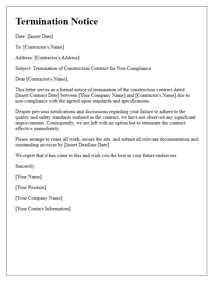 Letter template of construction contract termination notice for non-compliance with standards