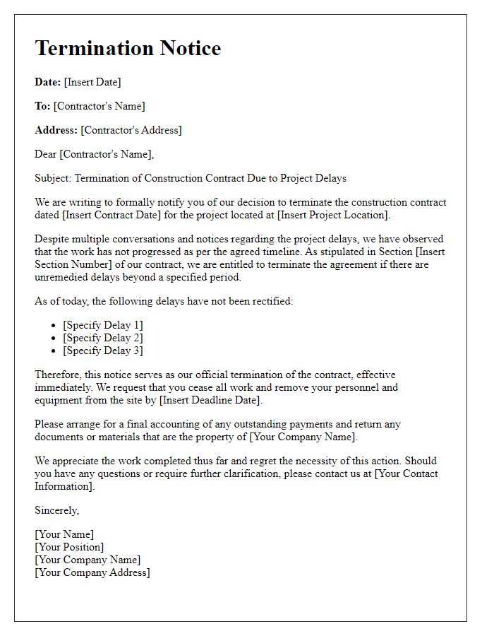 Letter template of construction contract termination notice for project delays