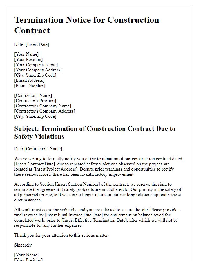 Letter template of construction contract termination notice for safety violations