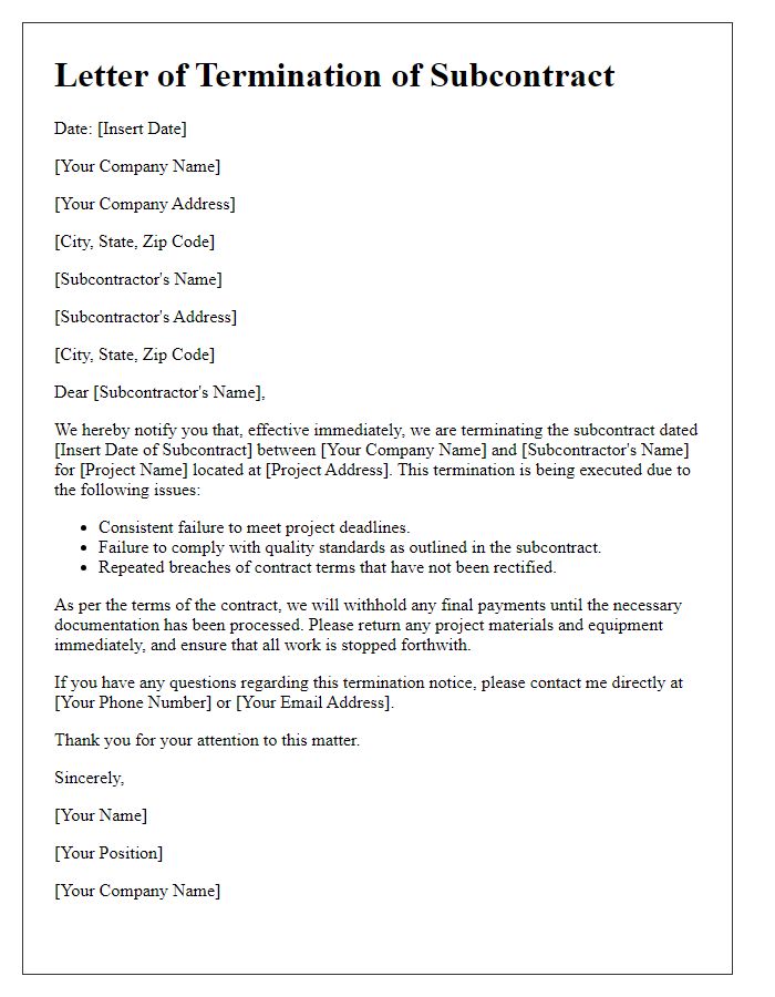 Letter template of construction contract termination notice for subcontractor issues