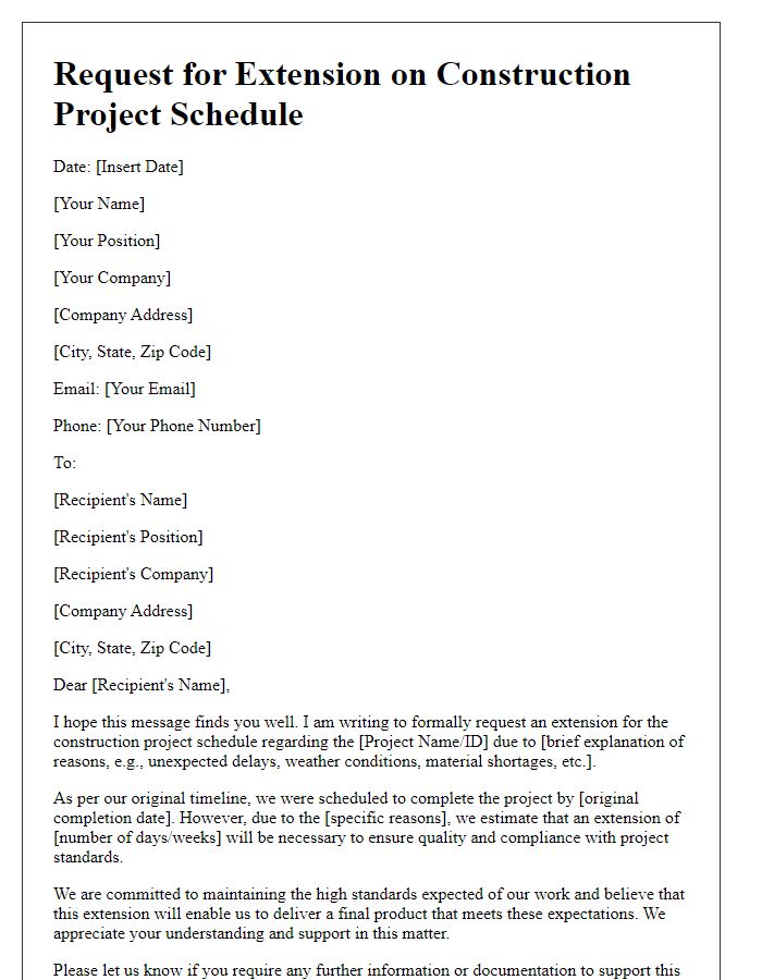 Letter template of request for extension on construction project schedule