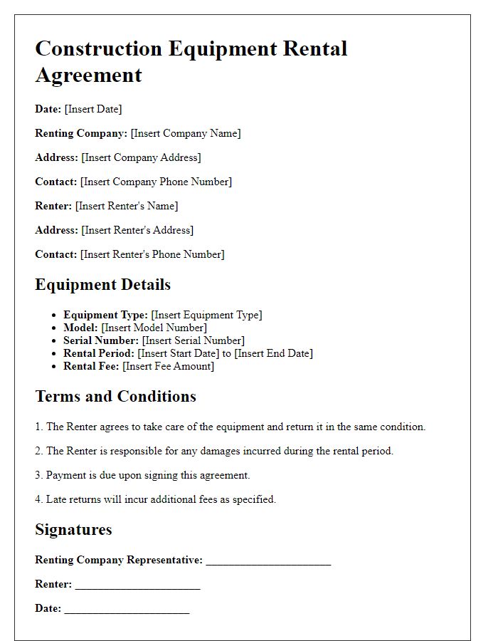 Letter template of construction equipment rental agreement