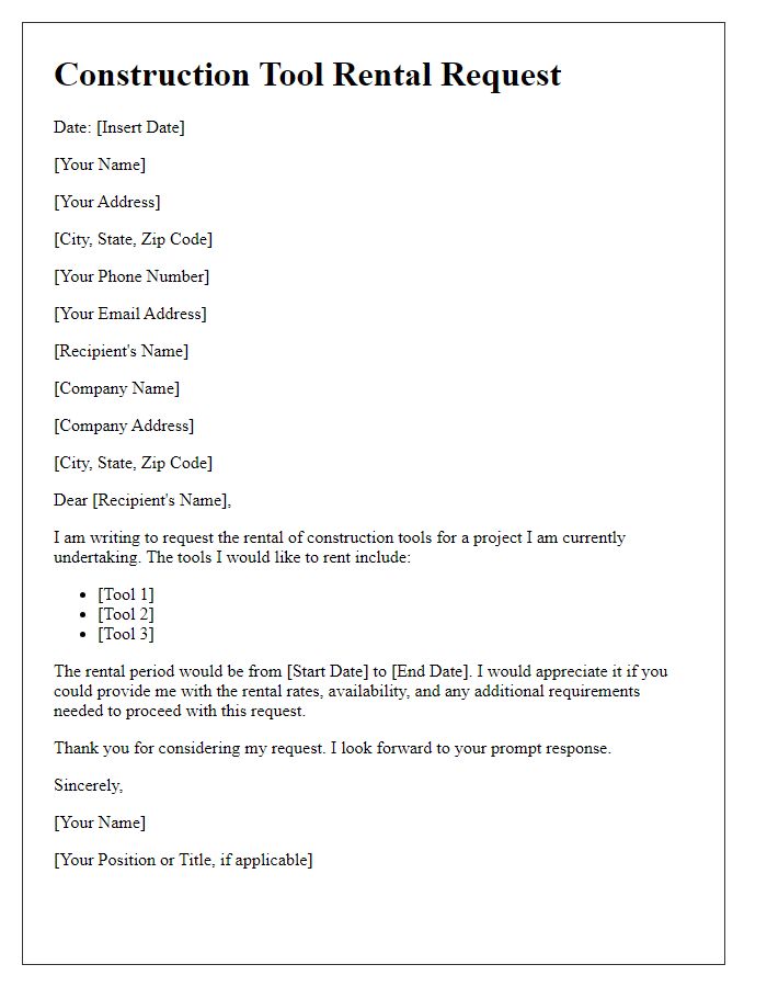 Letter template of construction tool rental request