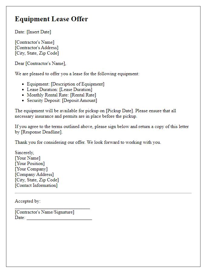 Letter template of equipment lease offer for contractors