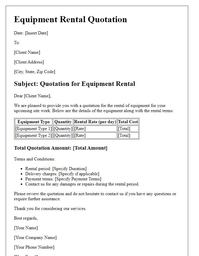 Letter template of equipment rental quotation for site work