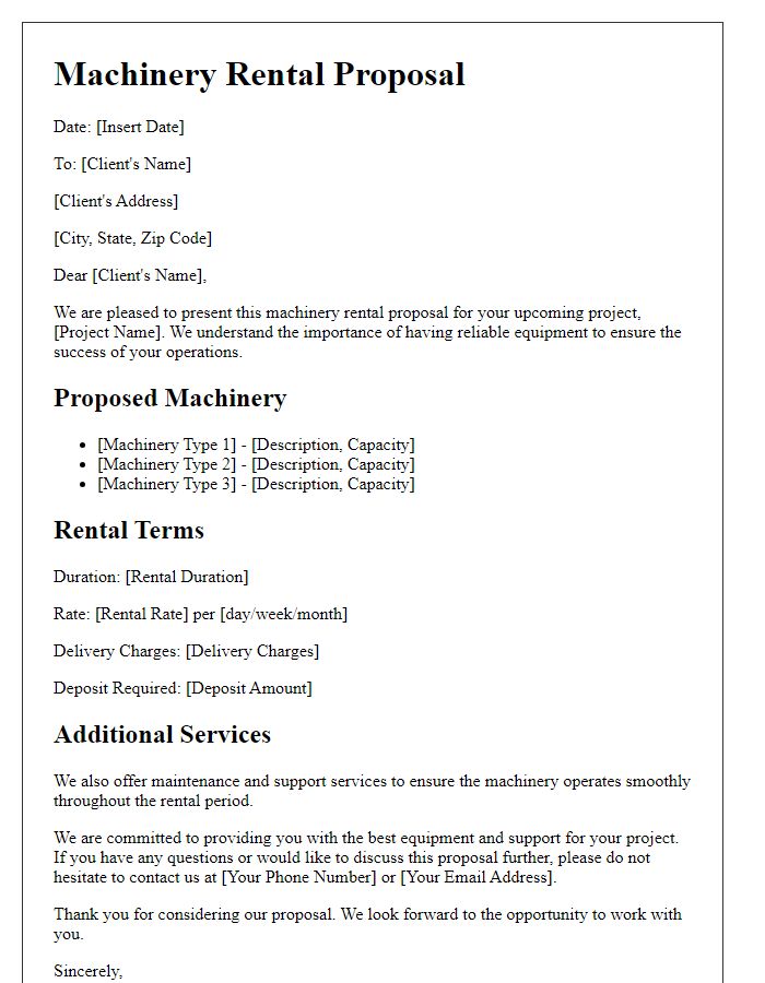 Letter template of machinery rental proposal for projects