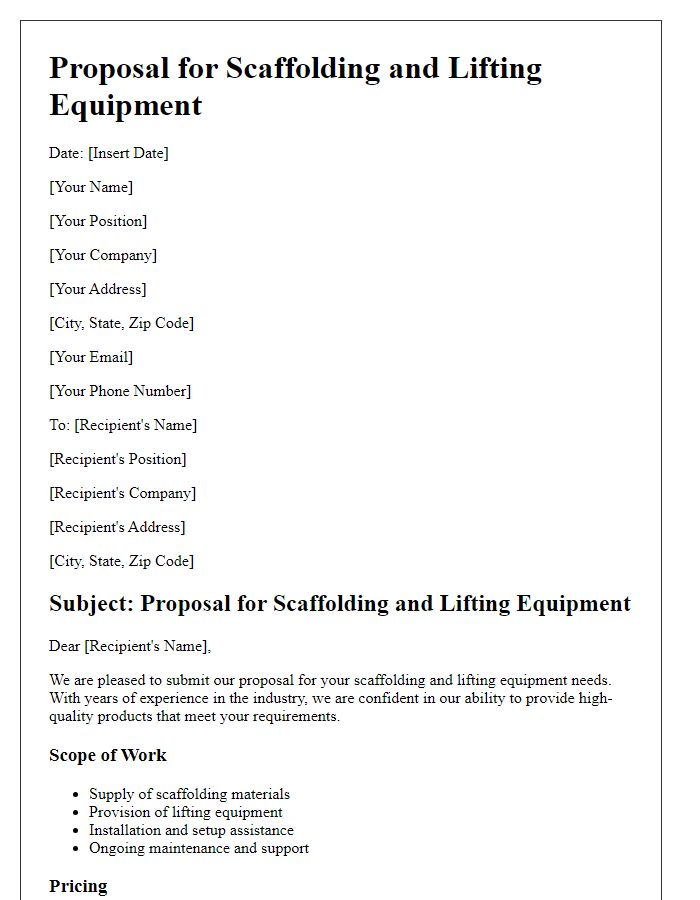 Letter template of proposal for scaffolding and lifting equipment